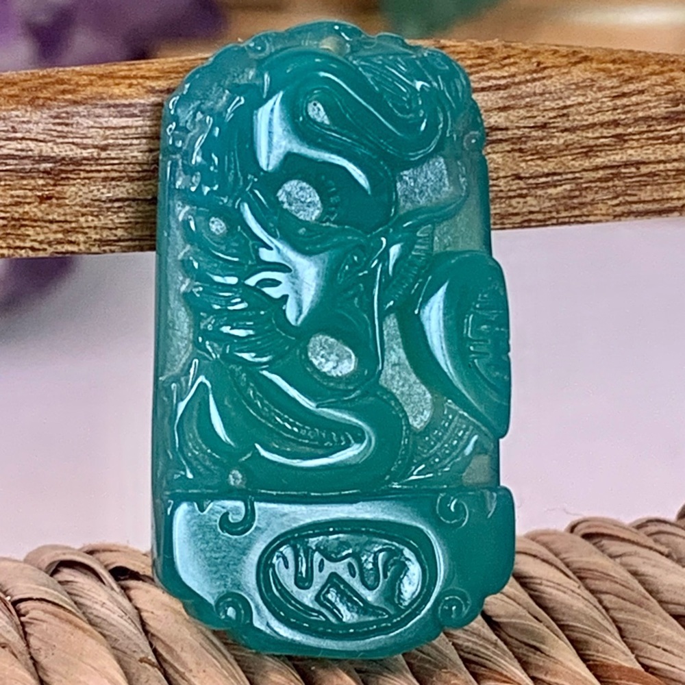 Vintage Blue Green Jade Jadeite Dragon Pendant Hand Carved Chinese Beast 1.6"